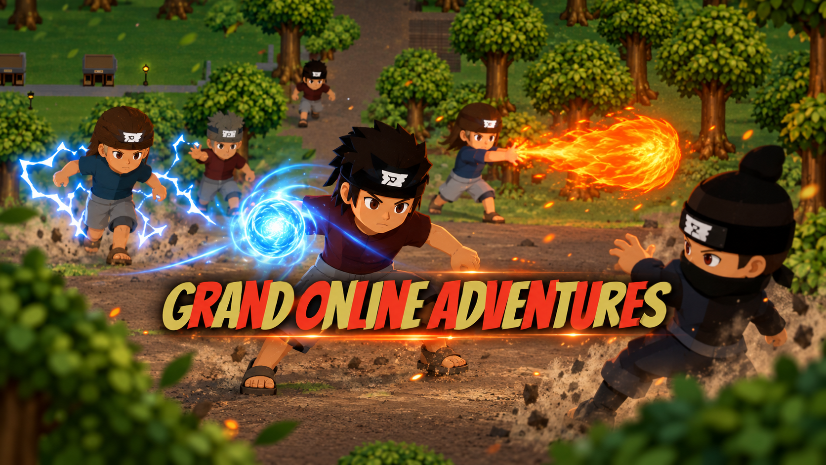 Grand Online Adventures characters facing off in a forest with lightning and fire abilities